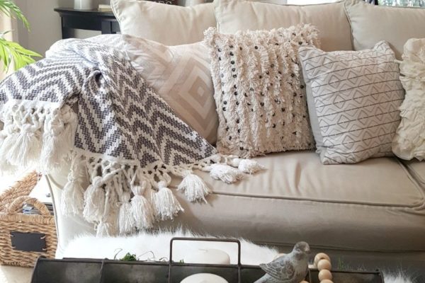 fall couch with textured pillows and throw