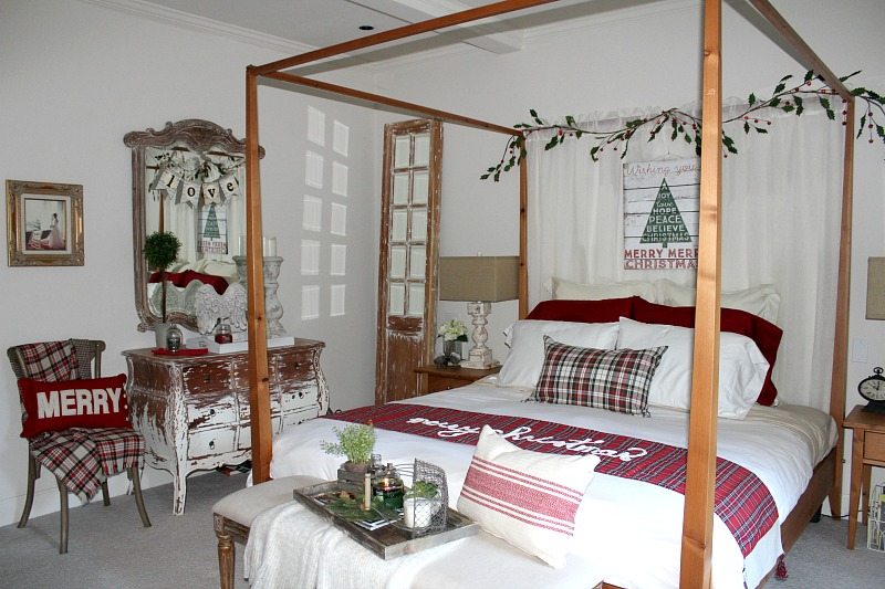 holiday reds and tartan add to master bedroom Christmas makeover