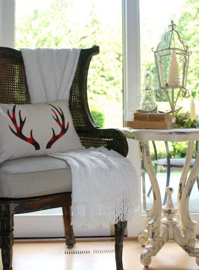 Antlers, Trees, Throws for family room holiday decorating
