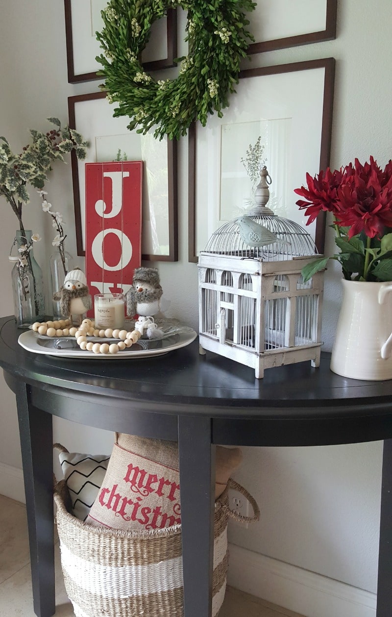 Hall table with festive holiday vignette