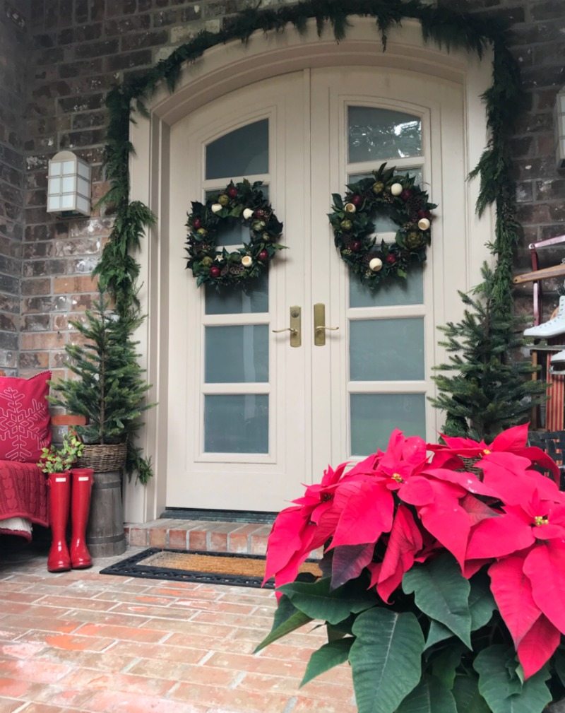 Christmas Home Tour front porch decor with red boots