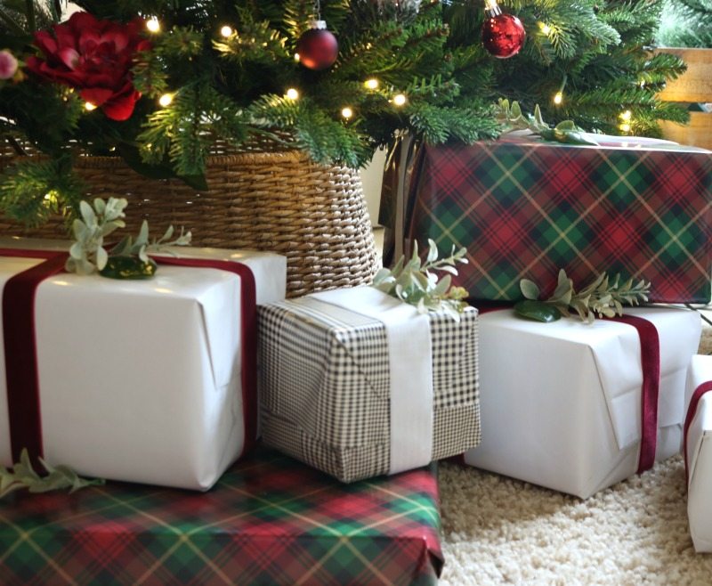 Holiday Home Tour with basket tree collar and faux presents