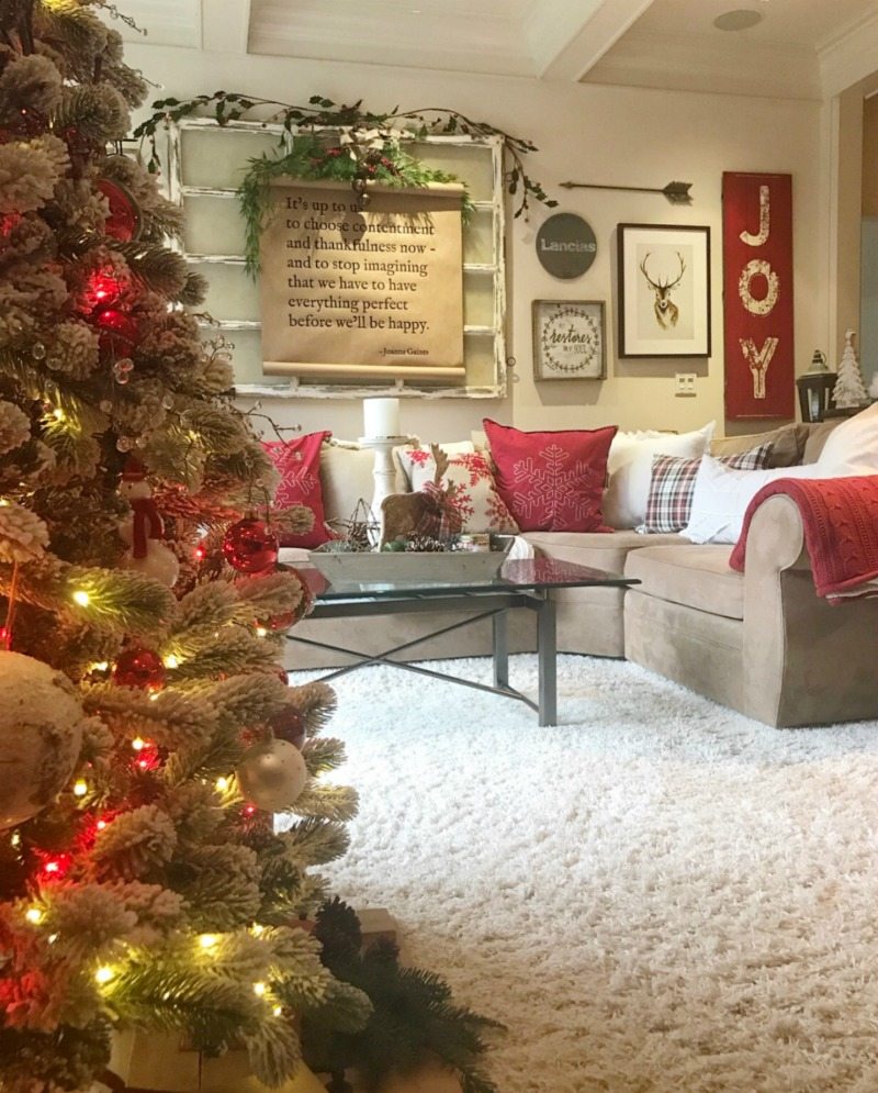 Traditional Christmas Home Tour with red pillows and throws