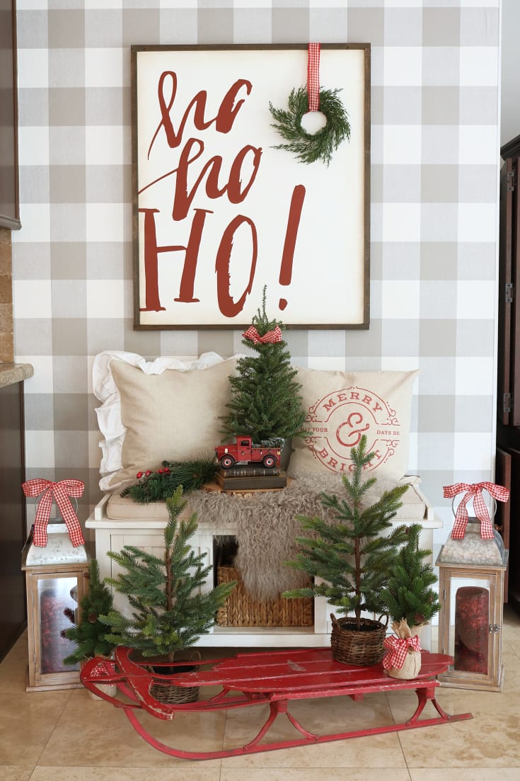 farmhouse inspired Christmas decor festive buffalo check trees