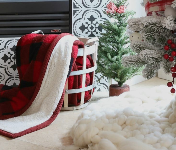 cozy warm buffalo plaid blanket and mini christmas tree