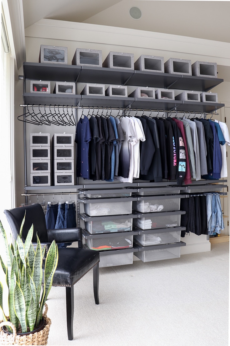custom closet is modern, stylish and sleek with gray finishes