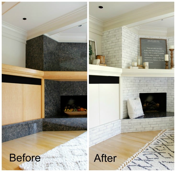 before and after of peel and stick wallpaper fireplace project