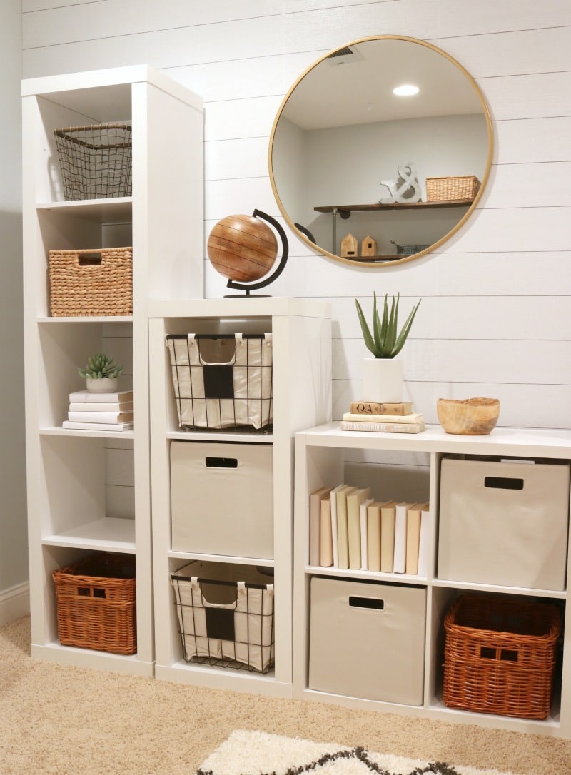 peel and stick shiplap with cube organizers