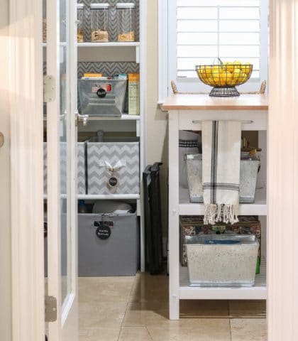 open pantry door to organized pantry with small work space