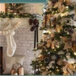beautiful mantel decor with pompoms and evergreen trees