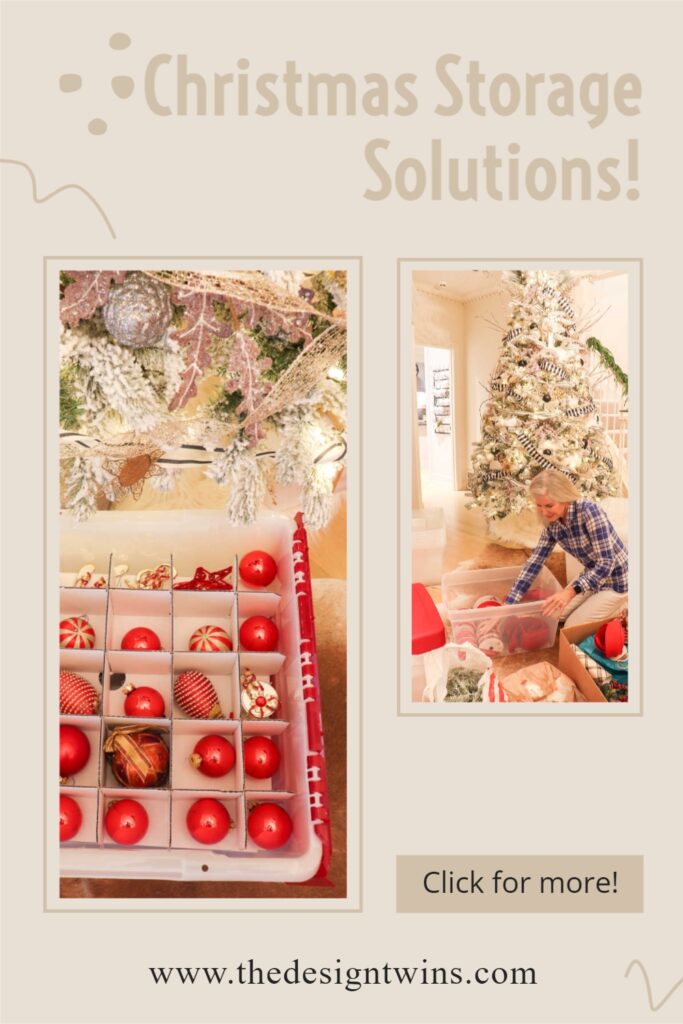 clear bins with ornament grids and woman organizing Christmas tree decorations