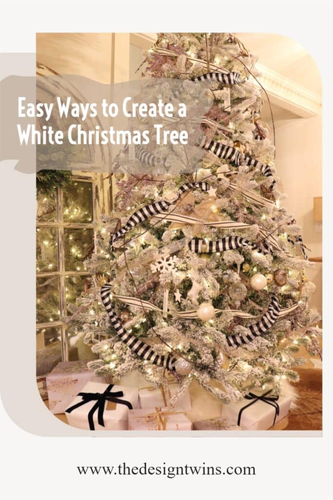 beautiful white Christmas tree decorated with picks ribbons and lots of white lights