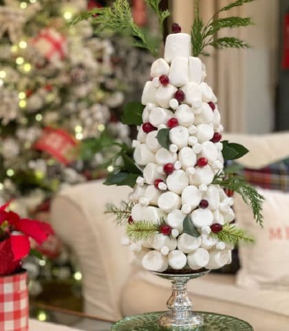 Decorative topiary tree made out of marshmallows is easy and fun Christmas craft