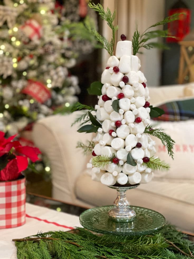 Christmas centerpiece made out of marshmallows and styrofoam cone creates beautiful centerpiece
