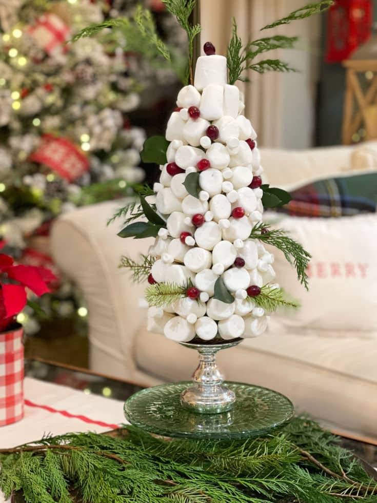 Fun and festive marshmallow topiary tree as creative centerpiece for holiday decor