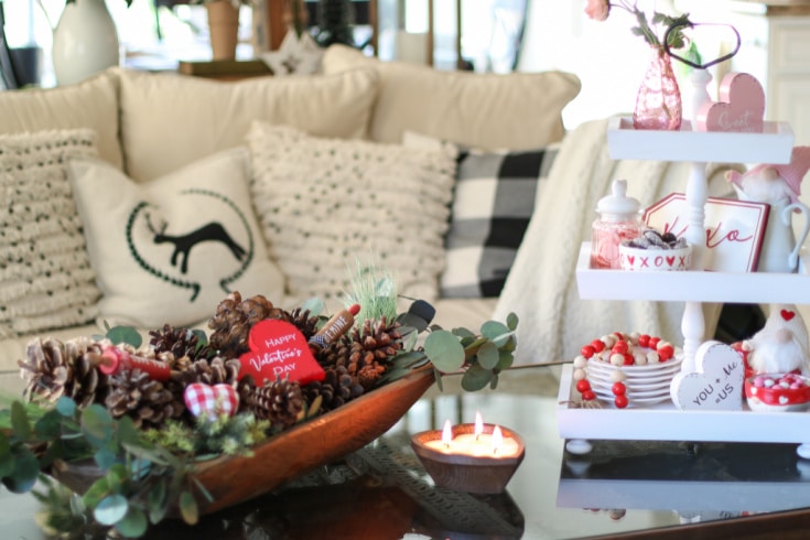 white wood tiered tray on coffee table with dough bowl easy Valentines day decor