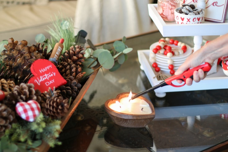 tiered tray on coffee table plus dough bowl and heart shaped candle