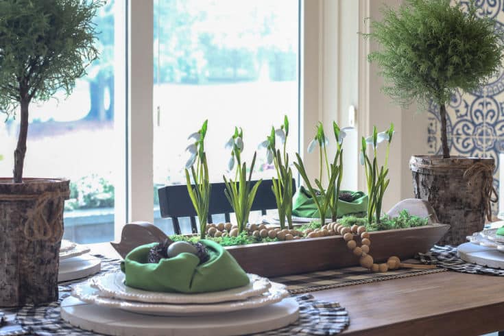 Spring table decor is easy with simple faux floral arrangement and faux topiary display