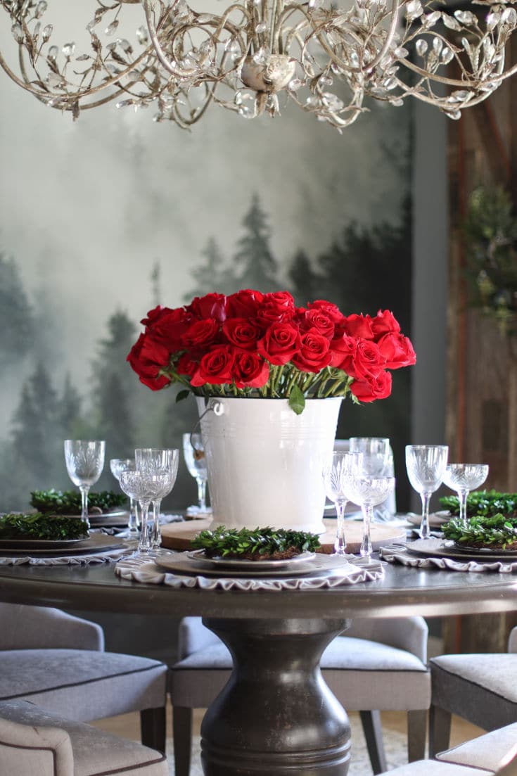 long stem red roses are simple classic in vintage enamel bucket