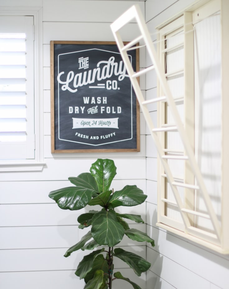 laundry room sign and clothes drying rack and fiddle leaf fig decorate laundry room