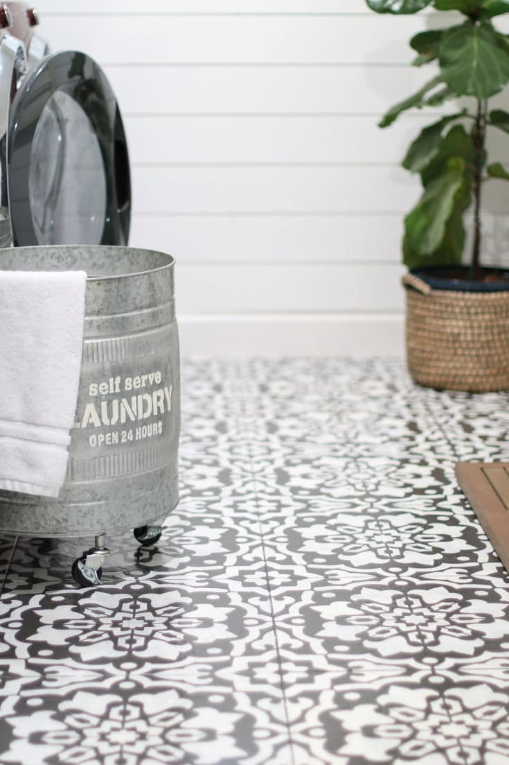 black and white mosaic stencils make huge impact in budget laundry room DIY