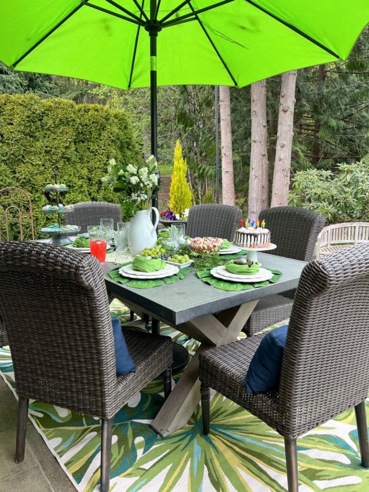 bright green umbrella and new tropical rug help create backyard oasis